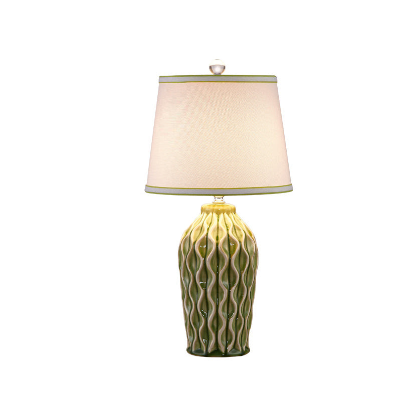 Contemporary Scandinavian Patterned Sculpture Round Fabric Ceramic 1-Light Table Lamp For Bedroom