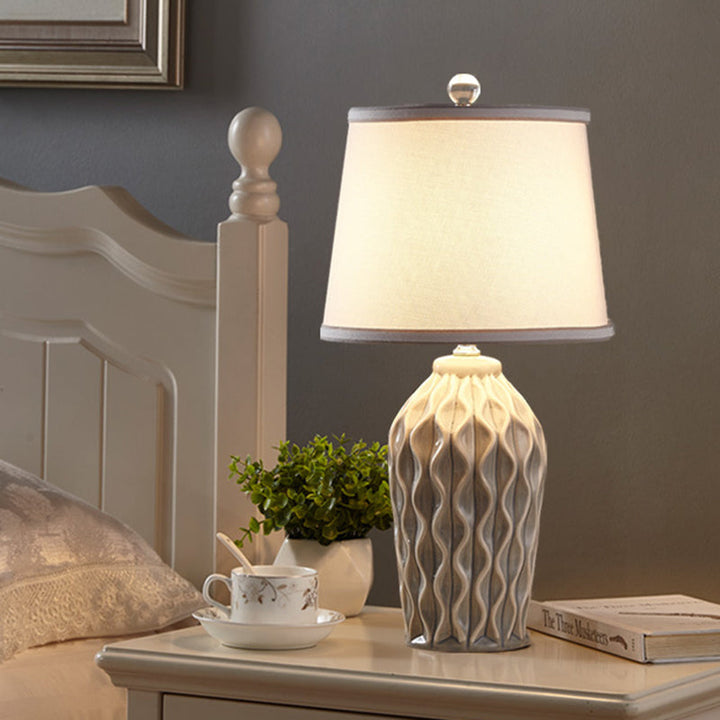 Contemporary Scandinavian Patterned Sculpture Round Fabric Ceramic 1-Light Table Lamp For Bedroom