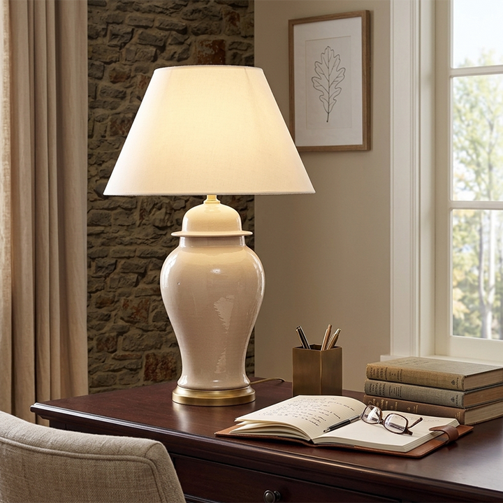 Traditional Rustic Vase Ceramic &amp; Fabric Table Lamp for Study | Havora Designer Lighting