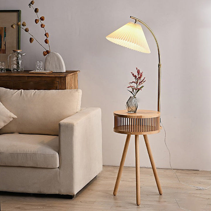 Traditional Japanese Fabric Wood Conic Pleated Round Shelf 1-Light Standing Floor Lamp For Living Room