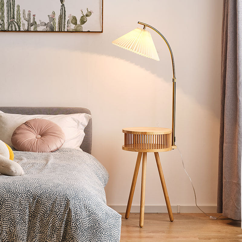 Traditional Japanese Fabric Wood Conic Pleated Round Shelf 1-Light Standing Floor Lamp For Living Room