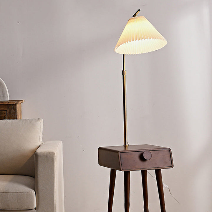 Traditional Japanese Fabric Wood Conic Pleated Round Shelf 1-Light Standing Floor Lamp For Living Room
