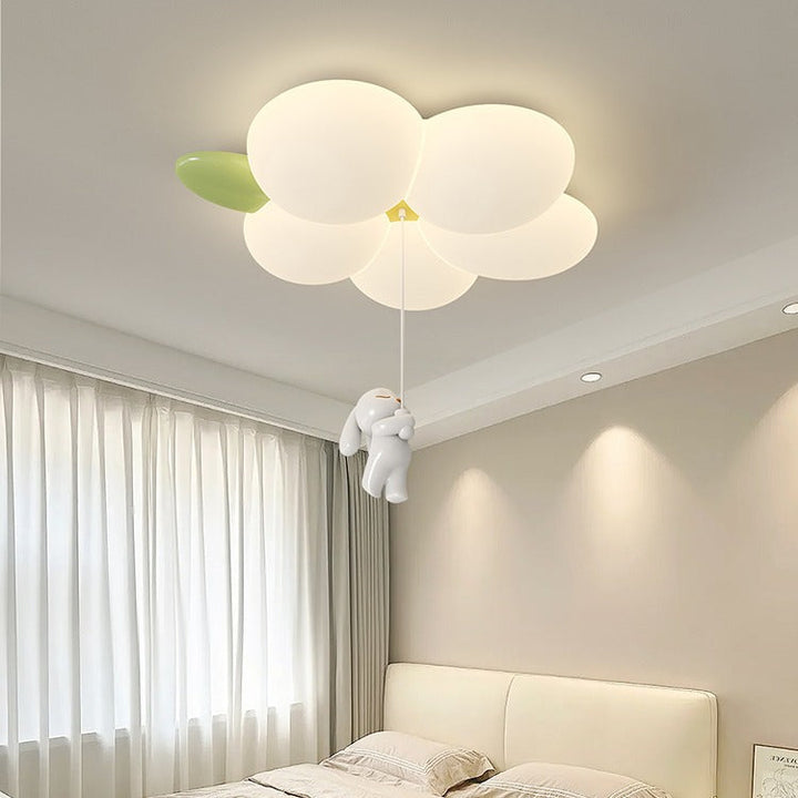 Contemporary Nordic Kids Rabbit Flower Iron PE LED Flush Mount Ceiling Light For Bedroom