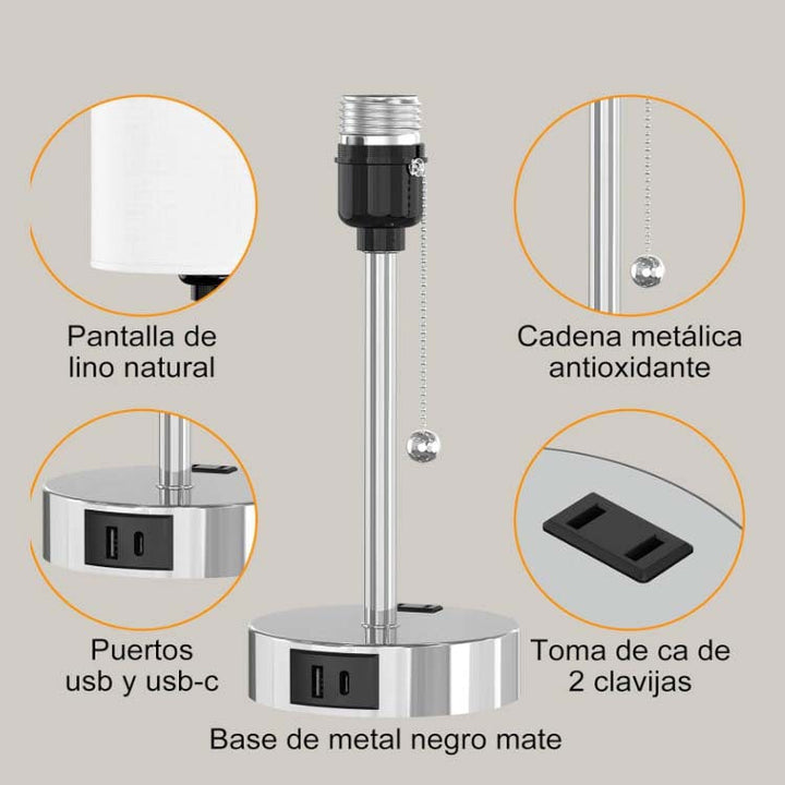 Modern Simplicity Fabric Iron Cylinder Zipper USB Rechargeable 1-Light Table Lamp For Bedside