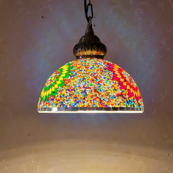 Contemporary Boho Glass Iron Dome Sun Mosaic Bead 1-Light Pendant Light For Dining Room