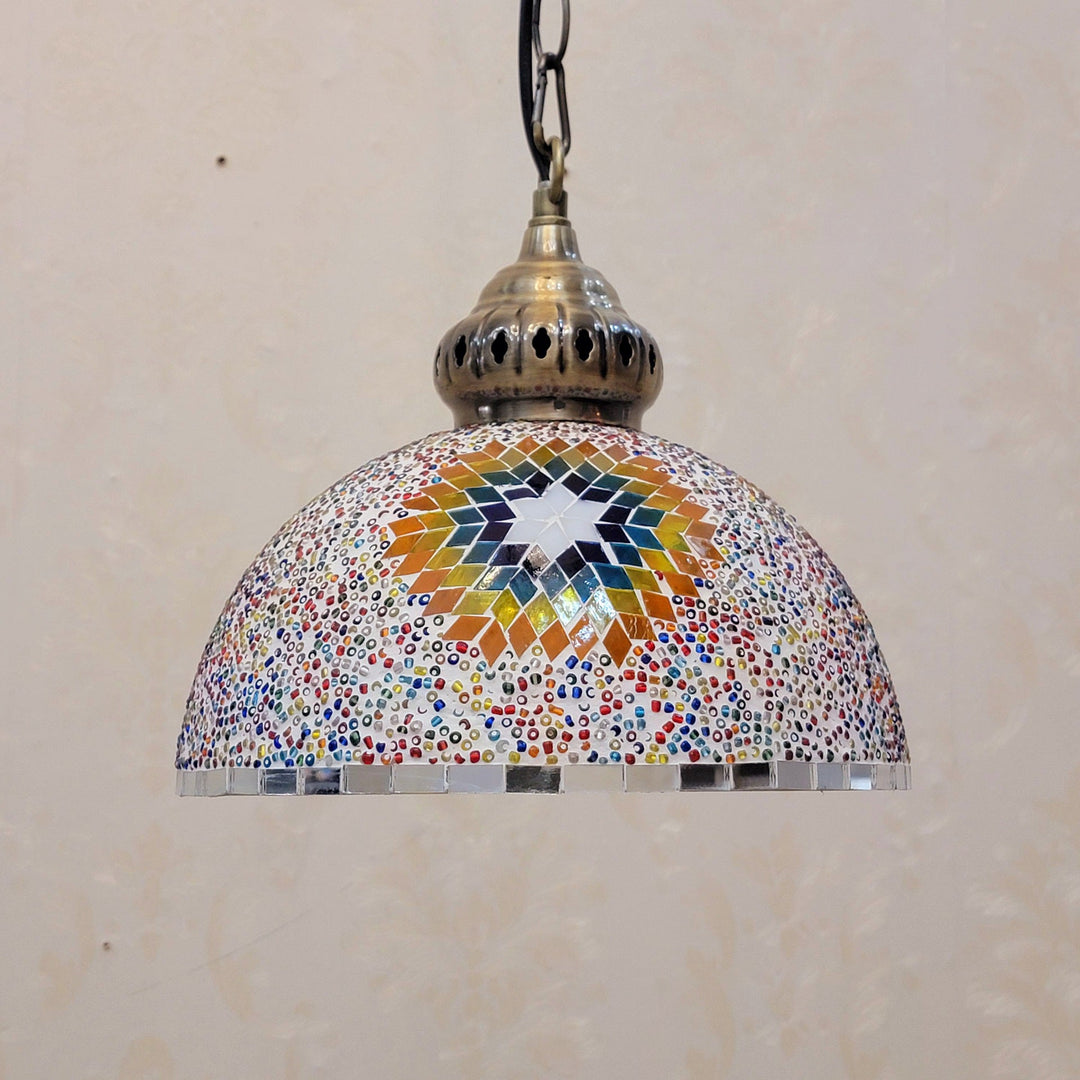 Contemporary Boho Glass Iron Dome Sun Mosaic Bead 1-Light Pendant Light For Dining Room