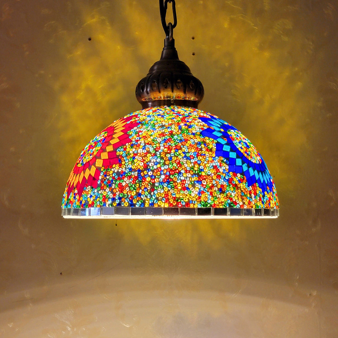 Contemporary Boho Glass Iron Dome Sun Mosaic Bead 1-Light Pendant Light For Dining Room