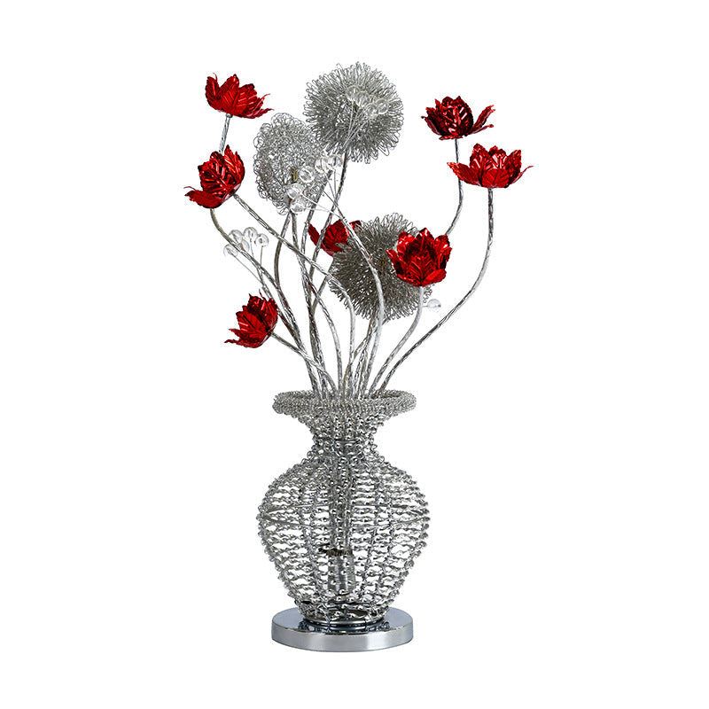 Modern Art Deco Aluminum Wire Weaving Decorative Vase Rose LED Table Lamp For Bedroom