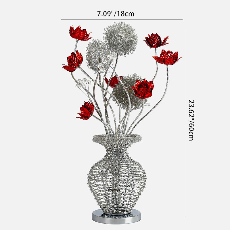 Modern Art Deco Aluminum Wire Weaving Decorative Vase Rose LED Table Lamp For Bedroom