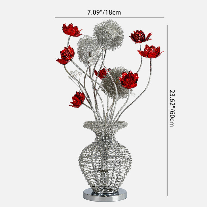 Modern Art Deco Aluminum Wire Weaving Decorative Vase Rose LED Table Lamp For Bedroom