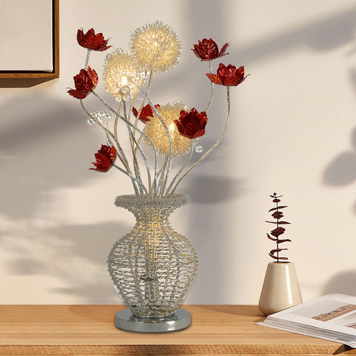 Modern Art Deco Aluminum Wire Weaving Decorative Vase Rose LED Table Lamp For Bedroom