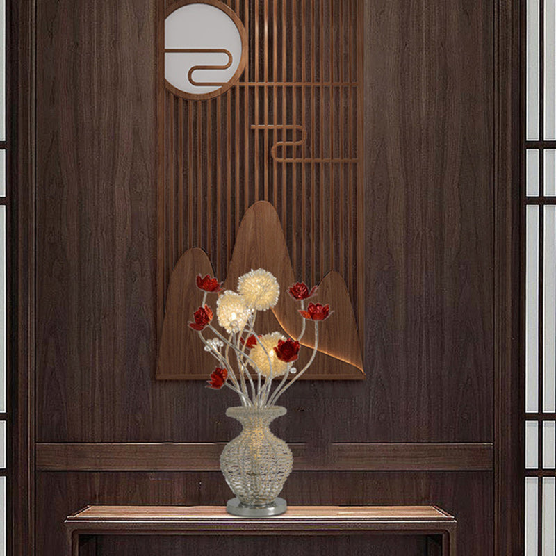 Modern Art Deco Aluminum Wire Weaving Decorative Vase Rose LED Table Lamp For Bedroom