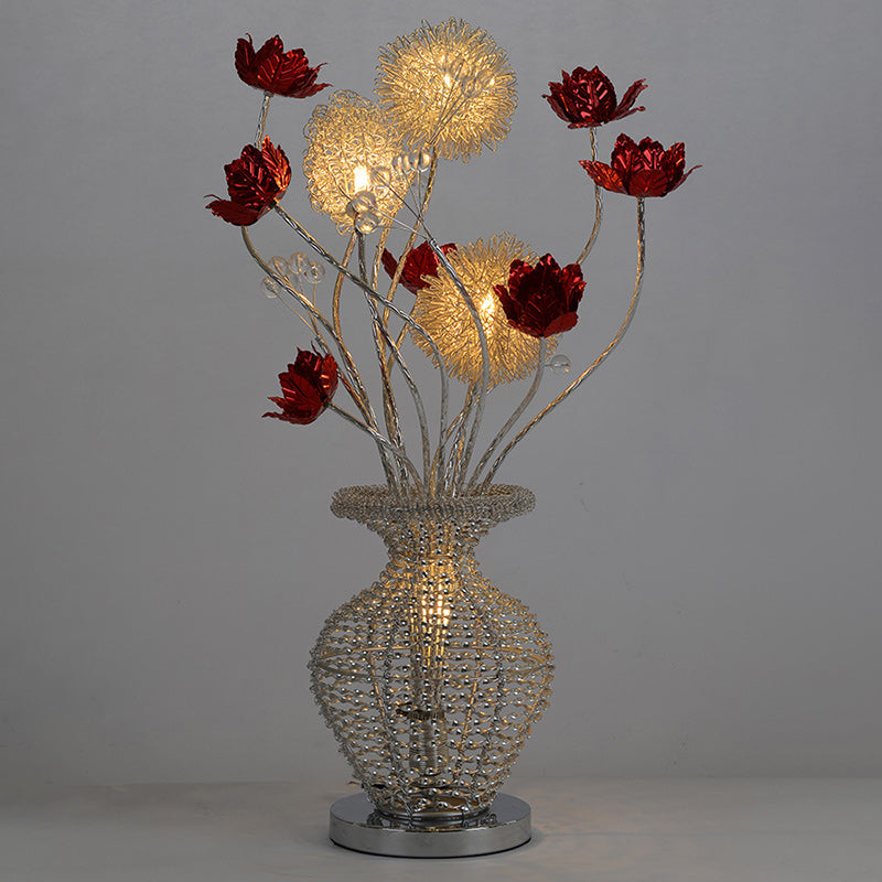 Modern Art Deco Aluminum Wire Weaving Decorative Vase Rose LED Table Lamp For Bedroom