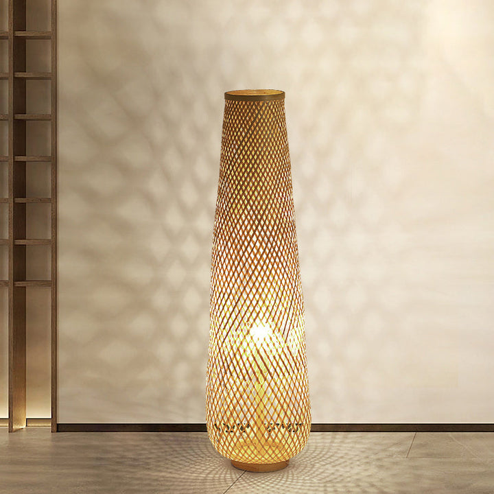 Contemporary Boho Handmade Weaving Bamboo Column Lantern 1-Light Standing Floor Lamp For Living Room