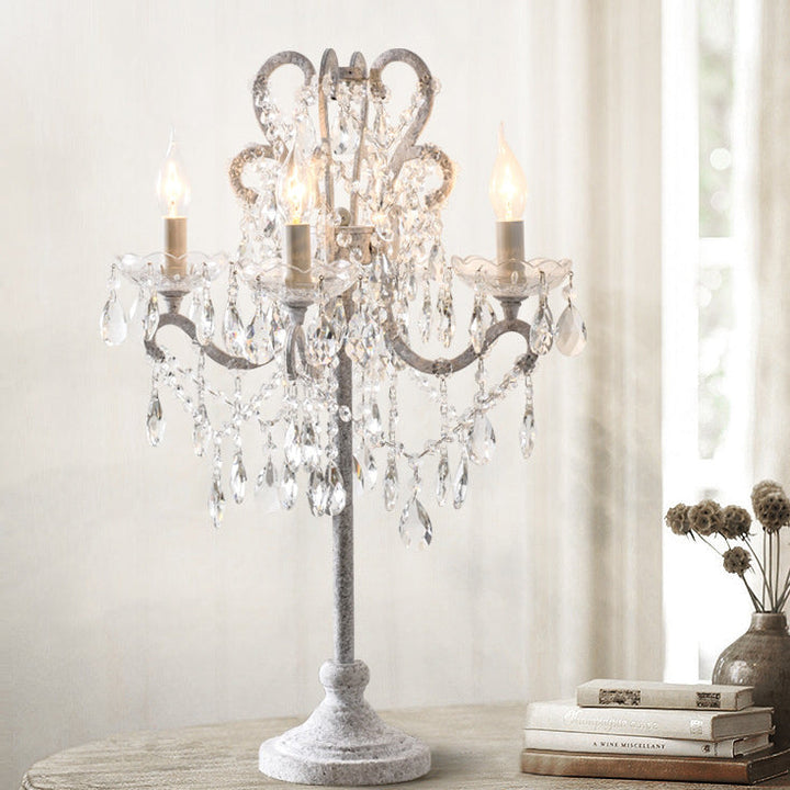Traditional Vintage Iron Glass Crystal Pendant Candlestick 4-Light Table Lamp For Bedroom
