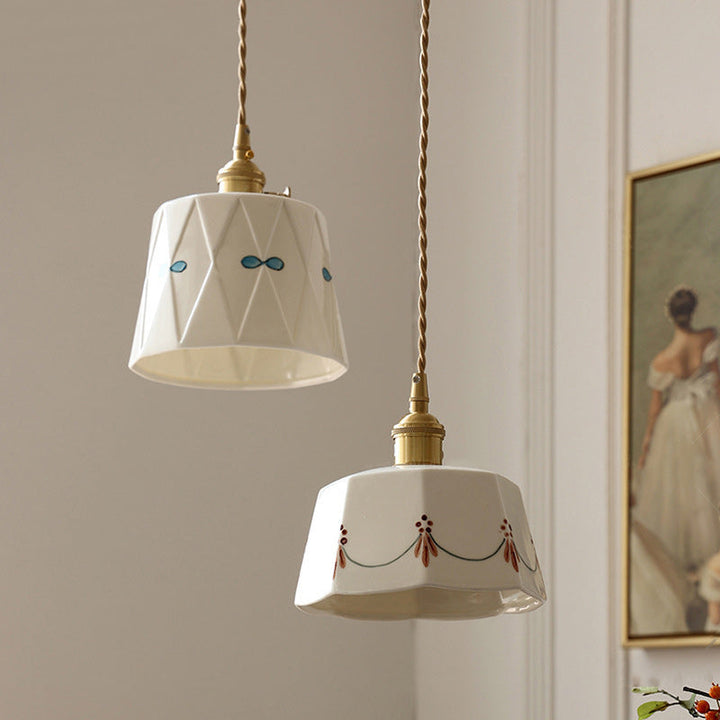 Traditional French Iron Ceramic Brass Cylinder Hand-Painted Pattern 1-Light Pendant Light For Dining Room