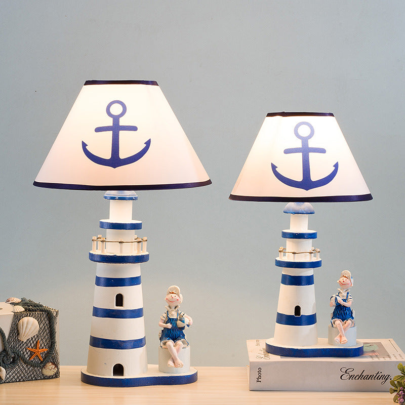 Contemporary Coastal Wood Fabric Kids Conic Lighthouse 1-Light Table Lamp For Bedroom