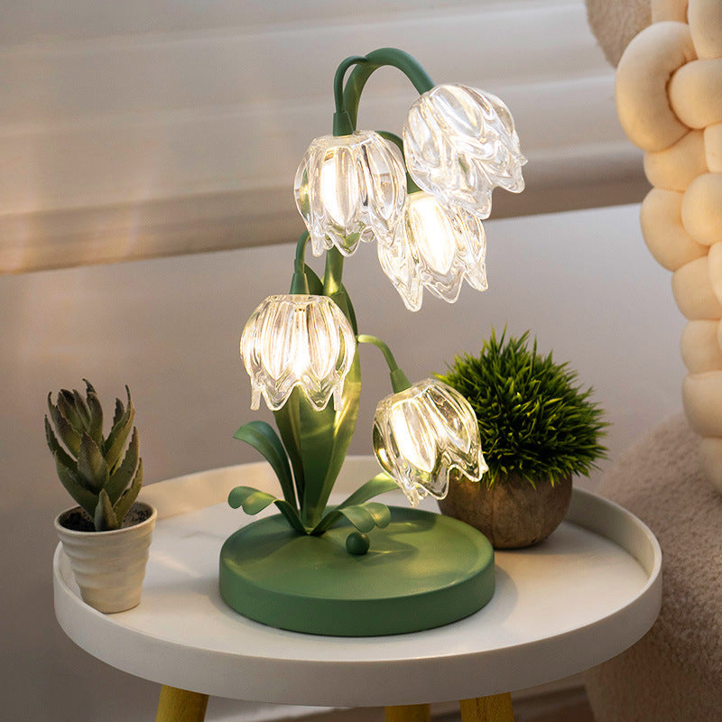 Traditional French Iron PC Glass Floral USB 5-Light Table Lamp For Bedside