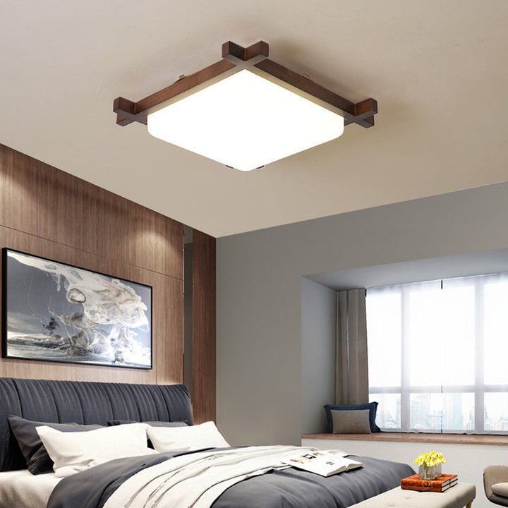 Traditional Japanese Square Rubber Wood Acrylic LED Flush Mount Ceiling Light For Bedroom