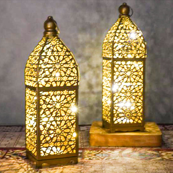 Contemporary Boho Battery Iron Hollowed Lantern Candlestick Decorative LED Table Lamp Night Light For Bedroom