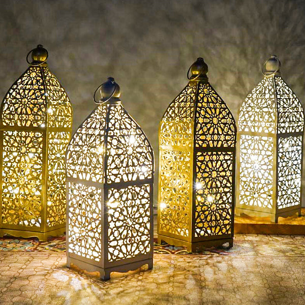 Contemporary Boho Battery Iron Hollowed Lantern Candlestick Decorative LED Table Lamp Night Light For Bedroom