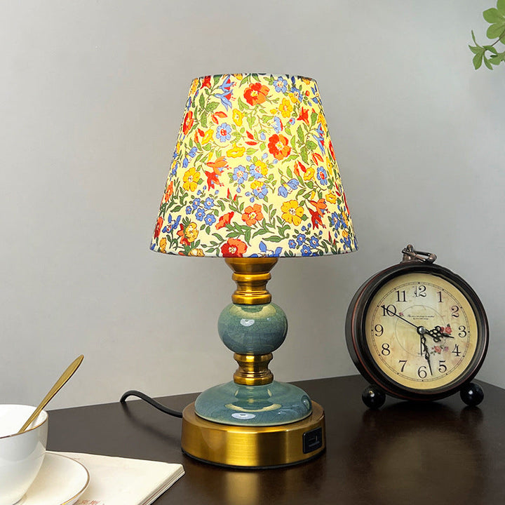 Traditional French Fabric Ceramic Alloy Cylinder Flower Crackle Column 1-Light Table Lamp For Bedside