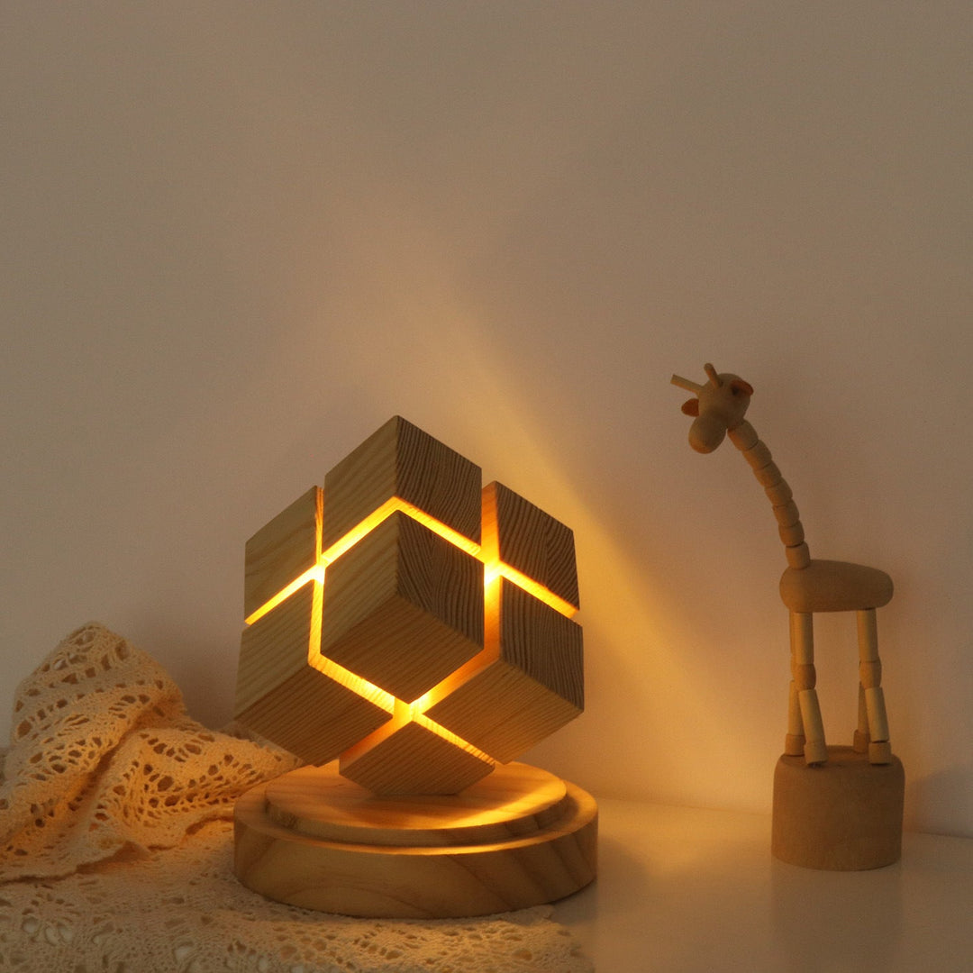 Contemporary Creative Battery Wood Magic Cube LED Table Lamp Night Light For Bedroom