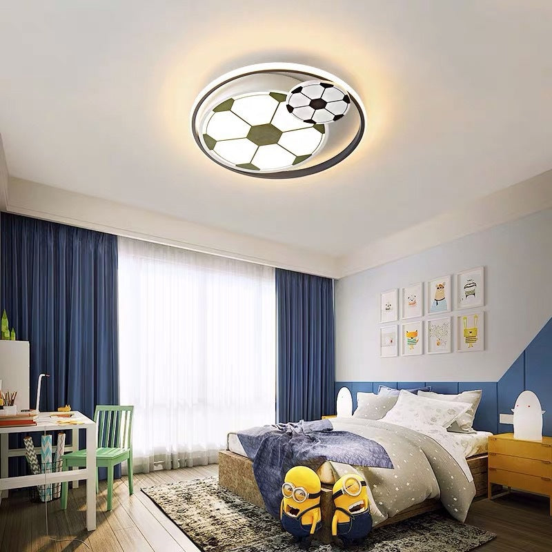Contemporary Creative Kids Soccer Sport Round Iron Acrylic LED Flush Mount Ceiling Light For Bedroom