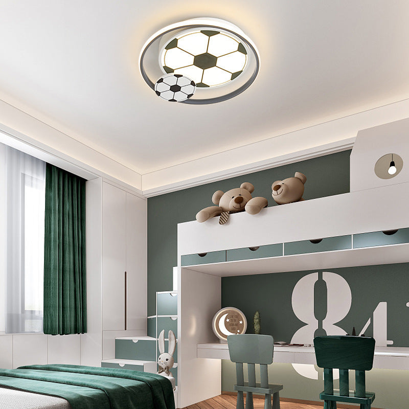 Contemporary Creative Kids Soccer Sport Round Iron Acrylic LED Flush Mount Ceiling Light For Bedroom