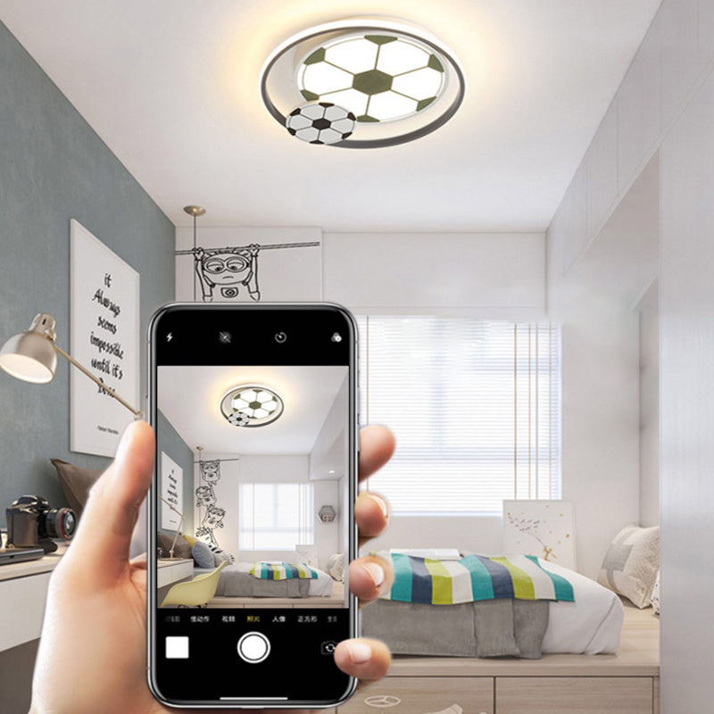 Contemporary Creative Kids Soccer Sport Round Iron Acrylic LED Flush Mount Ceiling Light For Bedroom
