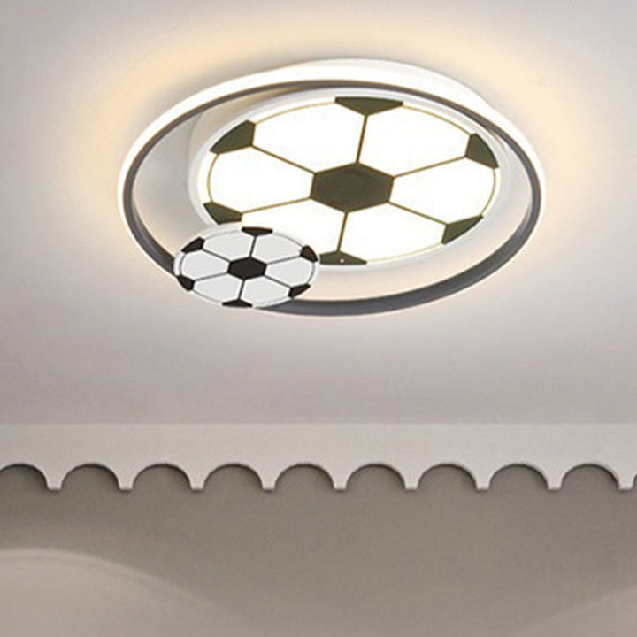 Contemporary Creative Kids Soccer Sport Round Iron Acrylic LED Flush Mount Ceiling Light For Bedroom