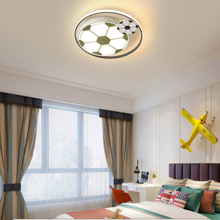 Contemporary Creative Kids Soccer Sport Round Iron Acrylic LED Flush Mount Ceiling Light For Bedroom