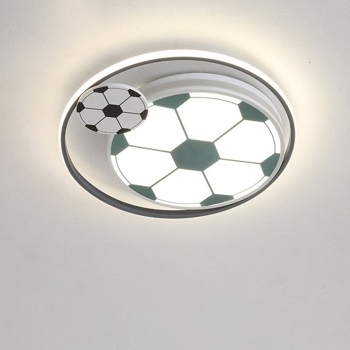Contemporary Creative Kids Soccer Sport Round Iron Acrylic LED Flush Mount Ceiling Light For Bedroom