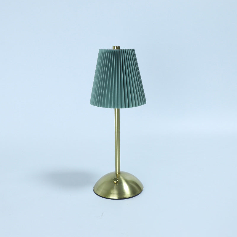 Contemporary Scandinavian Rechargeable Fabric Iron Pleated Cylinder LED Table Lamp For Bedside
