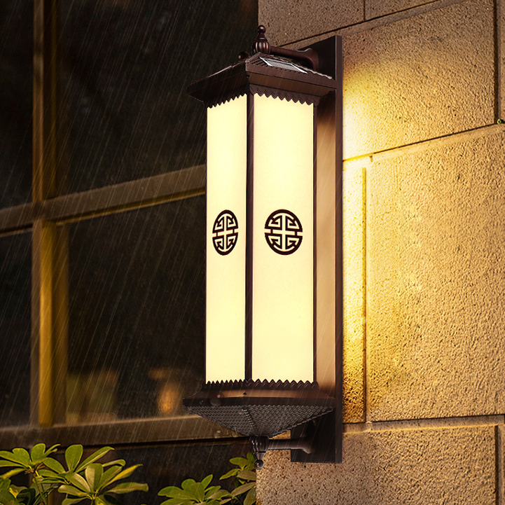 Traditional Chinese Waterproof ABS Aluminum Glass Rectangular Happiness Wealth Pattern LED Wall Sconce Lamp For Outdoor Patio