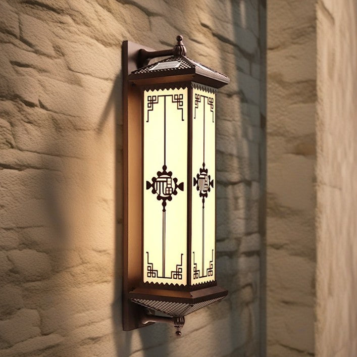 Traditional Chinese Solar Waterproof ABS Aluminum Glass Rectangular Happiness Wealth Pattern LED Wall Sconce Lamp For Outdoor Patio