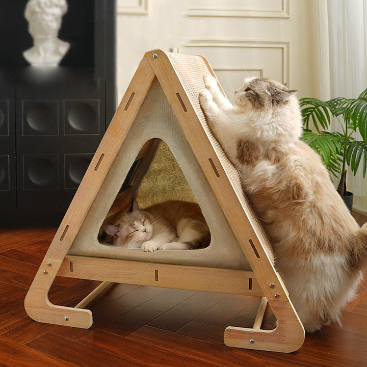 Contemporary Nordic Triangular Arc-Shaped Hemp Rope Medium Density Fiberboard Cotton-Linen Velvet Cat Bed For Bedroom