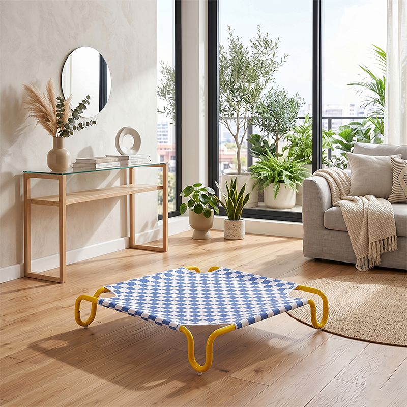 Contemporary Creative Square Checkered Design Oxford Fabric Iron Cat Bed &amp; Dog Bed For Bedroom