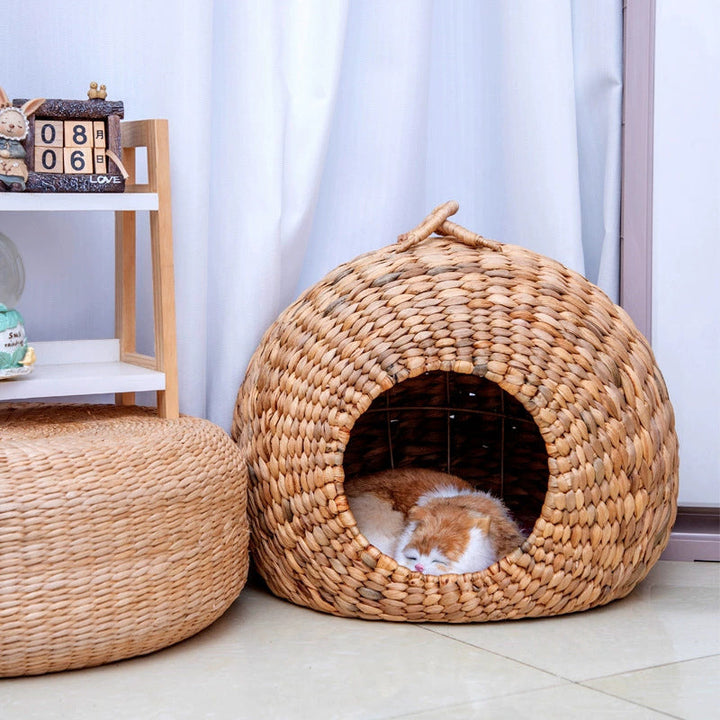 Contemporary Creative Round Natural Gourd Grass Iron Handle Woven Cat Bed For Bedroom