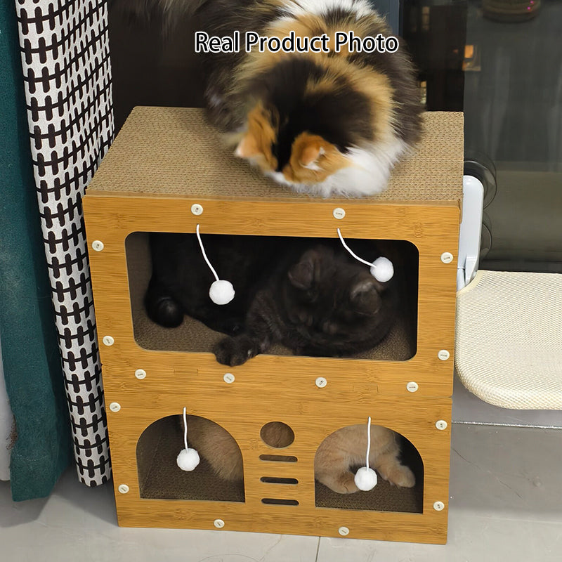 Modern Minimalist High-density Corrugated Paper MDF Rectangular Cat Bed 2-Tier 4-Toy Ball For Living Room &amp; Bedroom