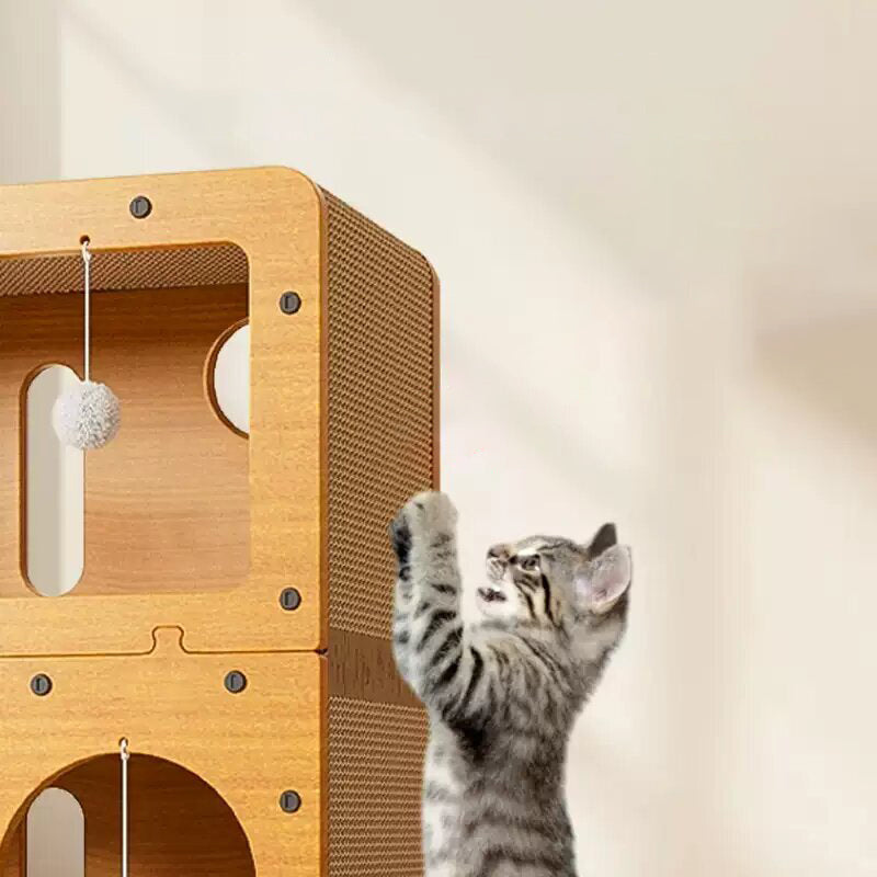 Modern Minimalist High-density Corrugated Paper MDF Rectangular Cat Bed 2-Tier 4-Toy Ball For Living Room &amp; Bedroom
