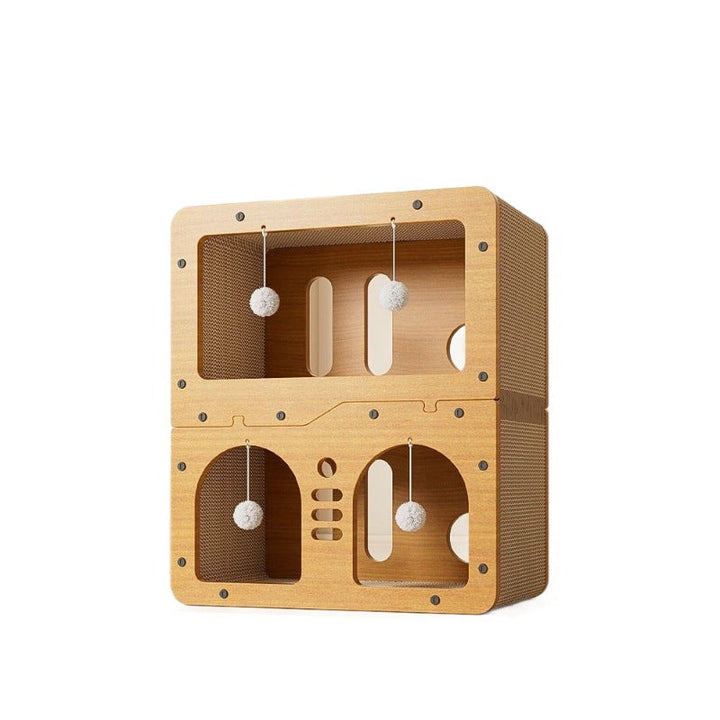 Modern Minimalist High-density Corrugated Paper MDF Rectangular Cat Bed 2-Tier 4-Toy Ball For Living Room &amp; Bedroom