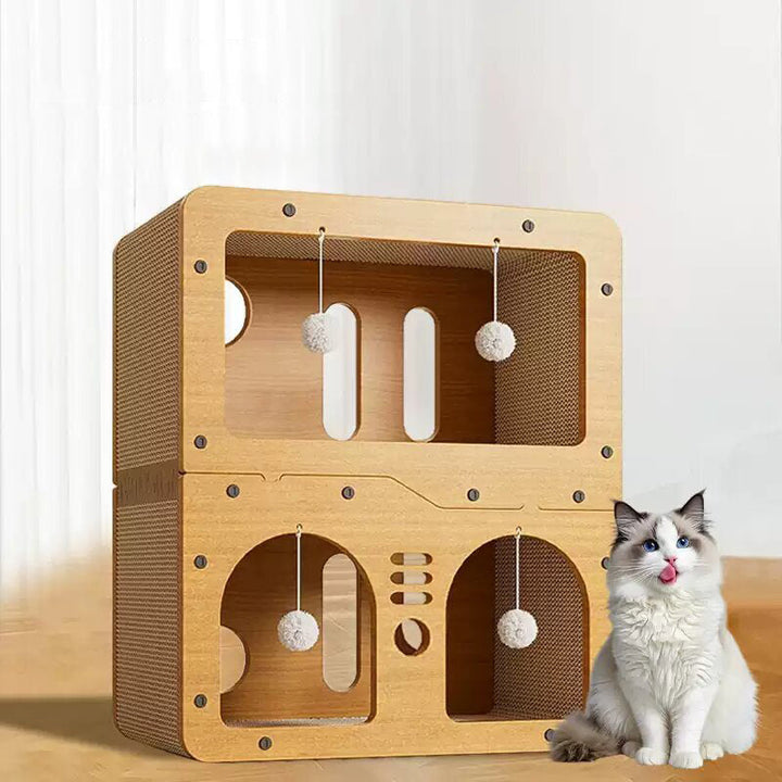 Modern Minimalist High-density Corrugated Paper MDF Rectangular Cat Bed 2-Tier 4-Toy Ball For Living Room &amp; Bedroom