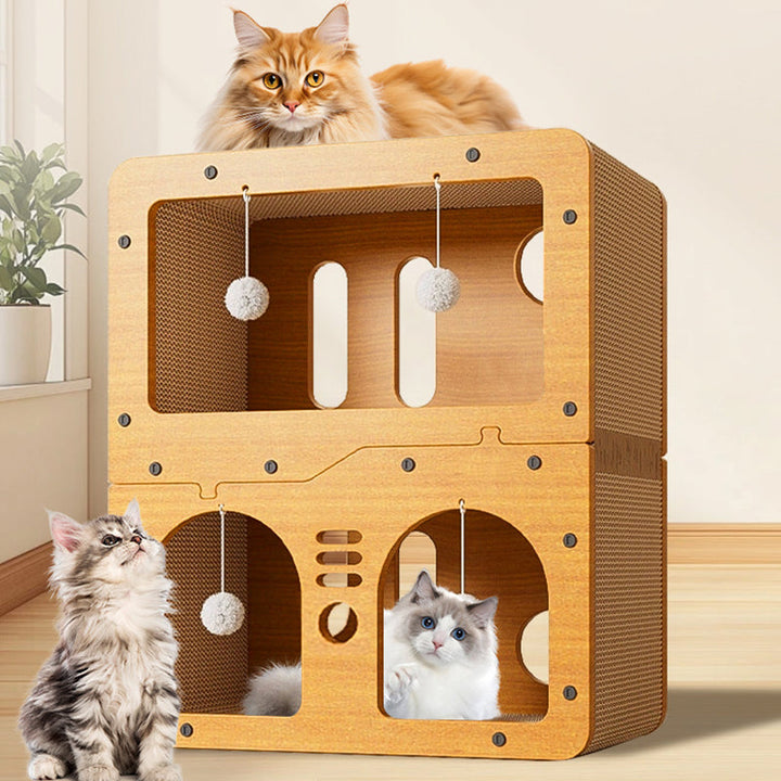 Modern Minimalist High-density Corrugated Paper MDF Rectangular Cat Bed 2-Tier 4-Toy Ball For Living Room &amp; Bedroom