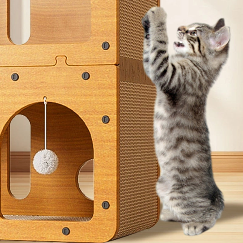 Modern Minimalist High-density Corrugated Paper MDF Rectangular Cat Bed 2-Tier 4-Toy Ball For Living Room &amp; Bedroom