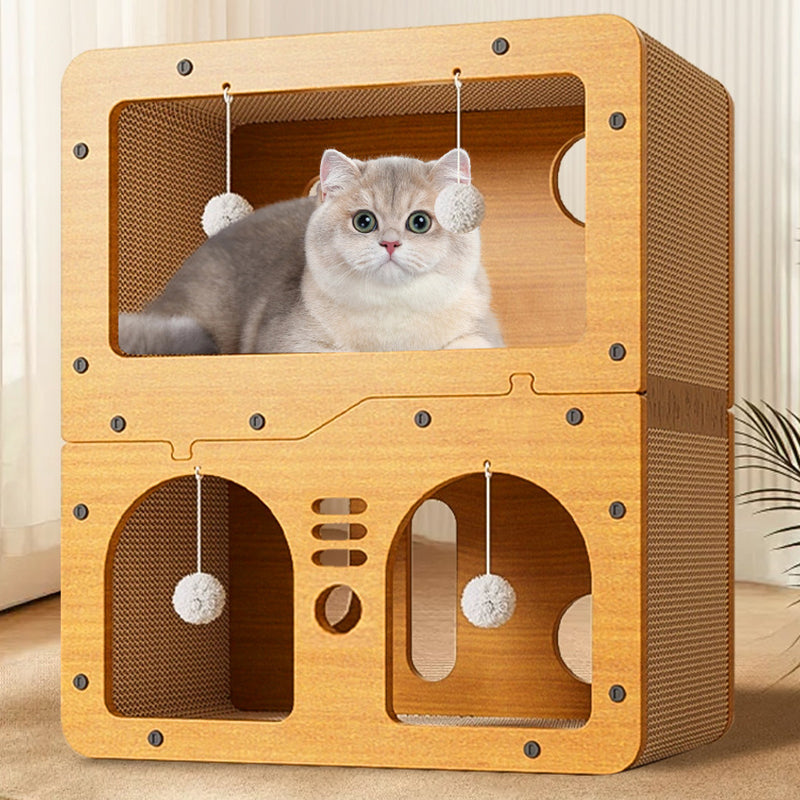 Modern Minimalist High-density Corrugated Paper MDF Rectangular Cat Bed 2-Tier 4-Toy Ball For Living Room &amp; Bedroom