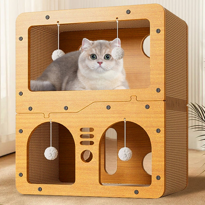 Modern Minimalist High-density Corrugated Paper MDF Rectangular Cat Bed 2-Tier 4-Toy Ball For Living Room &amp; Bedroom