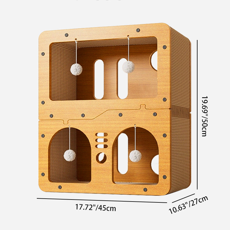 Modern Minimalist High-density Corrugated Paper MDF Rectangular Cat Bed 2-Tier 4-Toy Ball For Living Room &amp; Bedroom