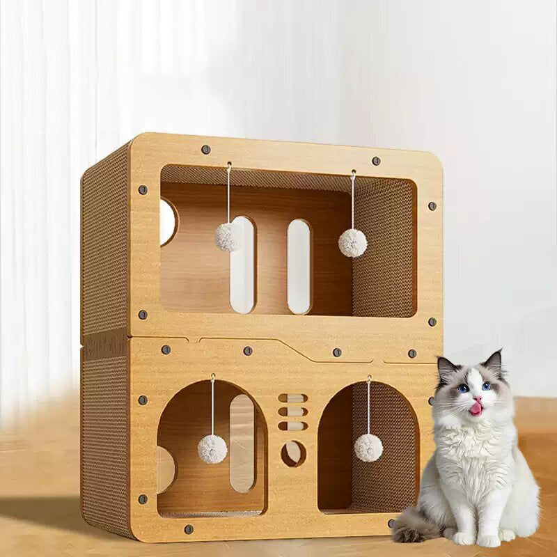 Modern Minimalist High-density Corrugated Paper MDF Rectangular Cat Bed 2-Tier 4-Toy Ball For Living Room &amp; Bedroom