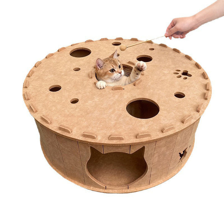 Contemporary Creative Felt Round Cat Bed With Tunnel Design For Living Room &amp; Bedroom